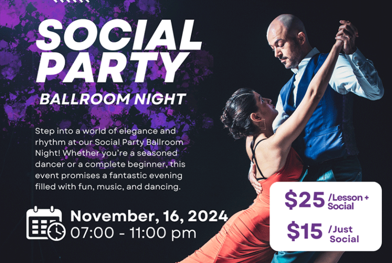 Time to Dance Social Party invitation with a ballroom dancers